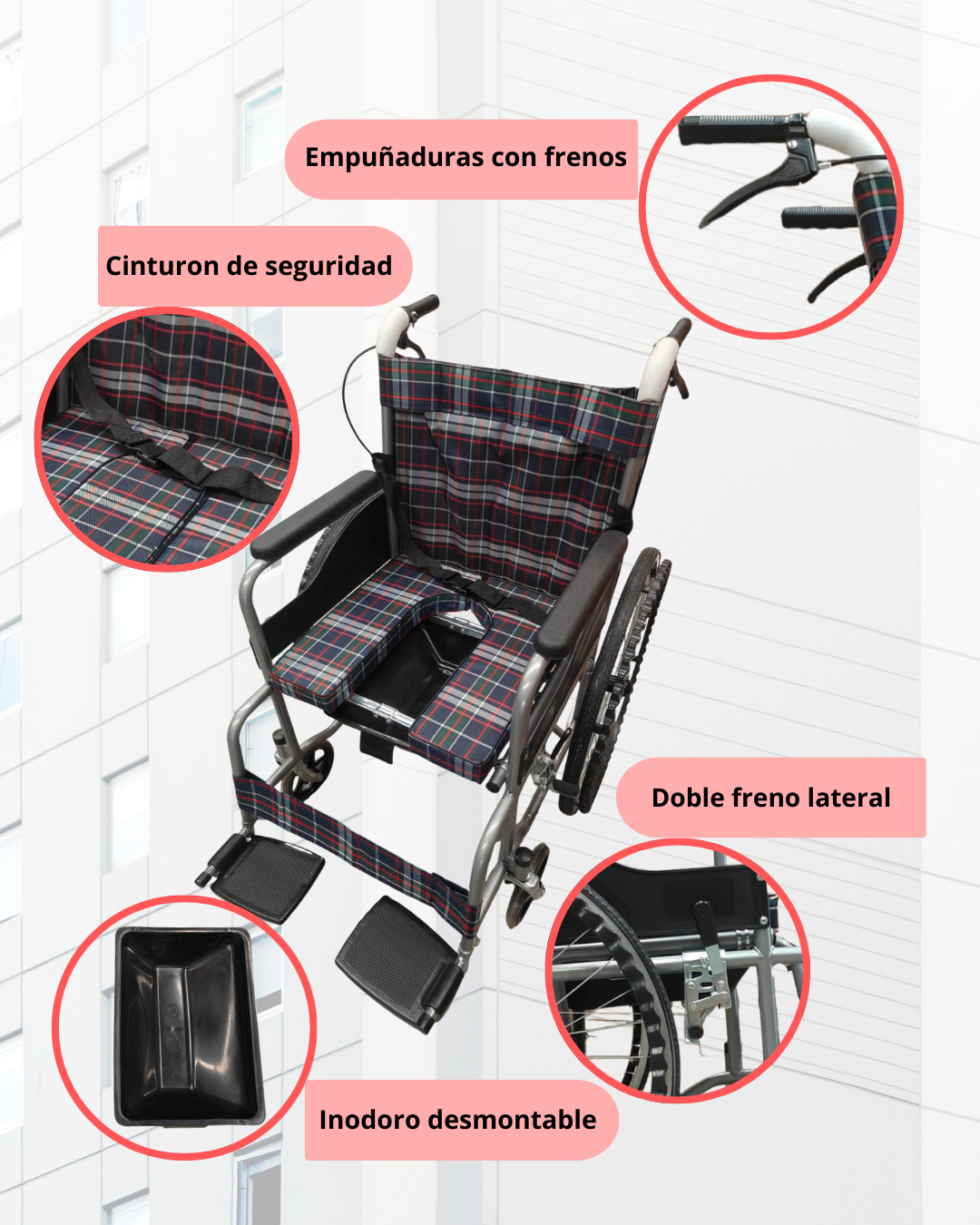 Silla de Ruedas con Inodoro Desmontable y Frenos de Seguridad
