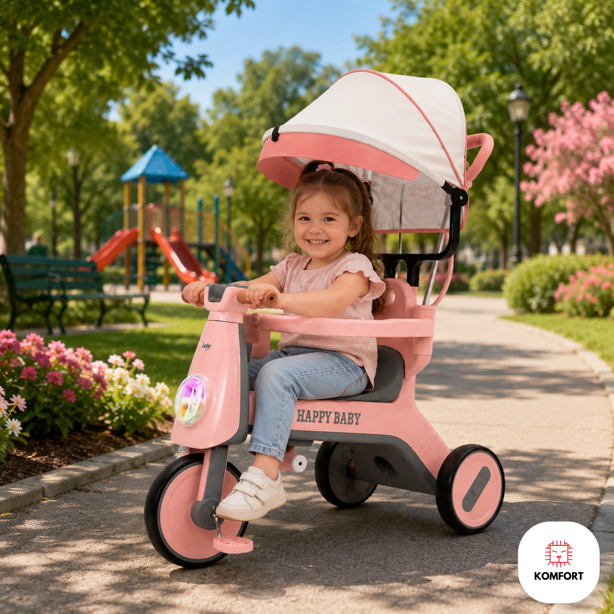 Triciclo Infantil con Parasol, Luces y Sonido Happy Baby | KOMFORT