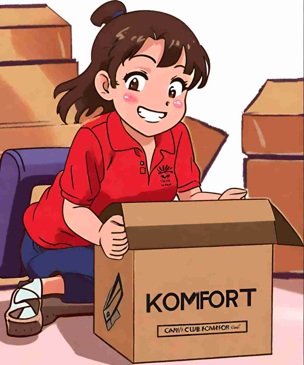 chica con playera roja sentada en el piso abriendo una caja de la marca komfort