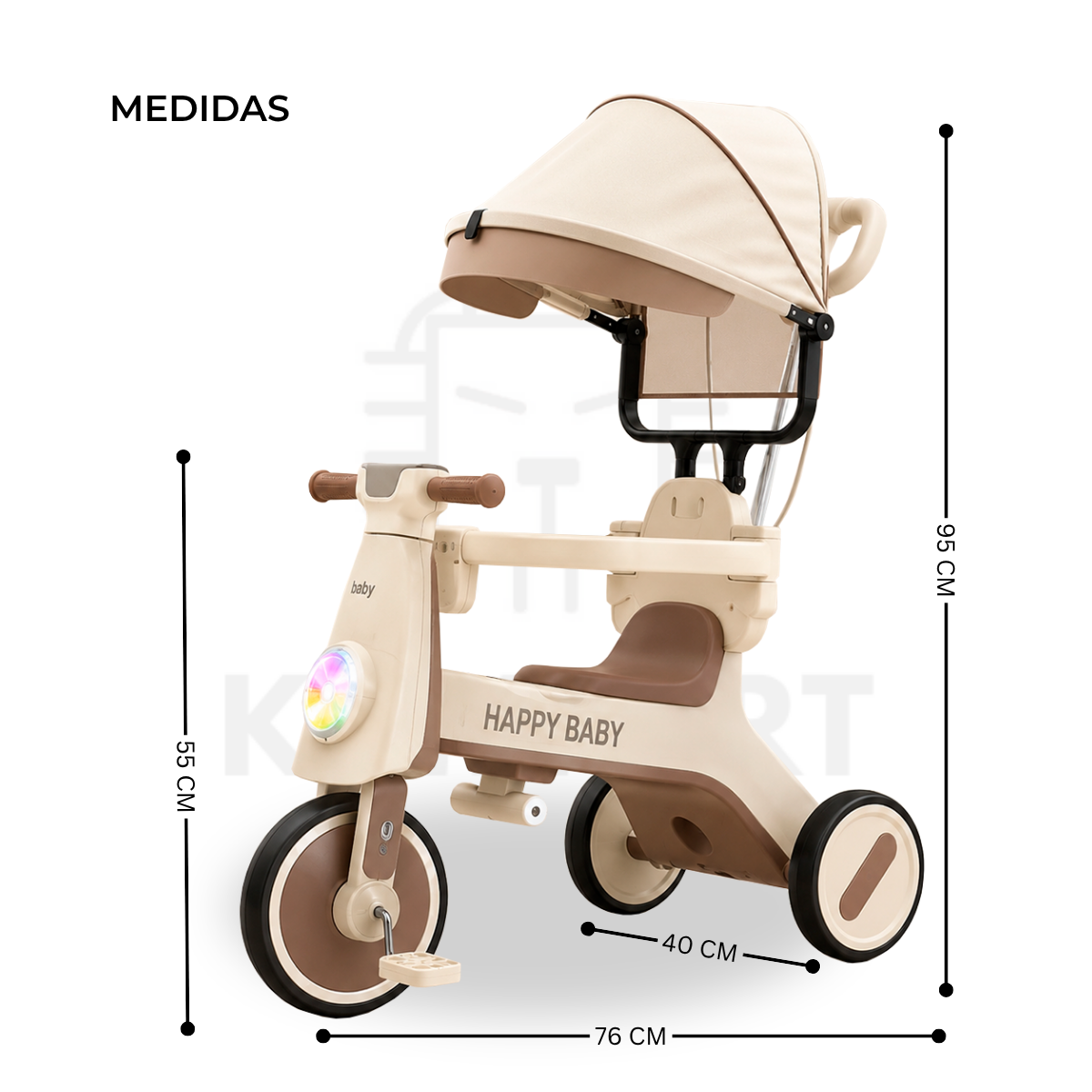 Triciclo Infantil con Parasol, Luces y Sonido Happy Baby | KOMFORT