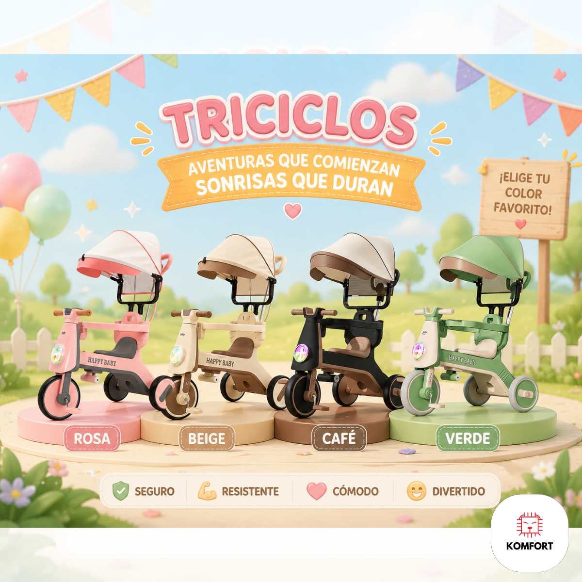 Triciclo Infantil con Parasol, Luces y Sonido Happy Baby | KOMFORT