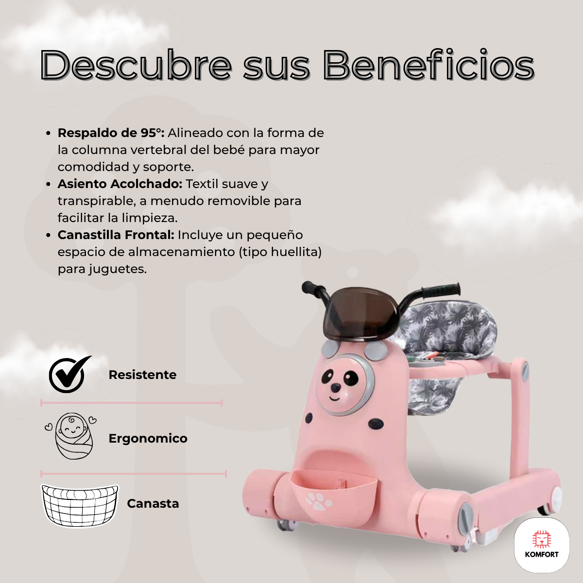 Andadera Infantil Multifuncional Osito con Música | KOMFORT