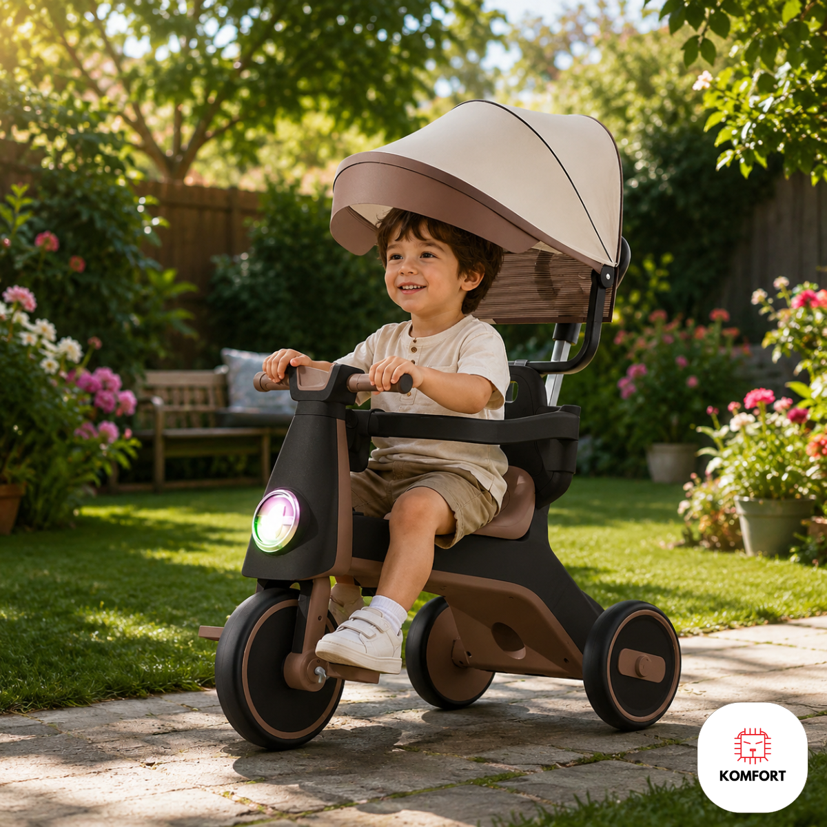 Triciclo Infantil con Parasol, Luces y Sonido Happy Baby | KOMFORT