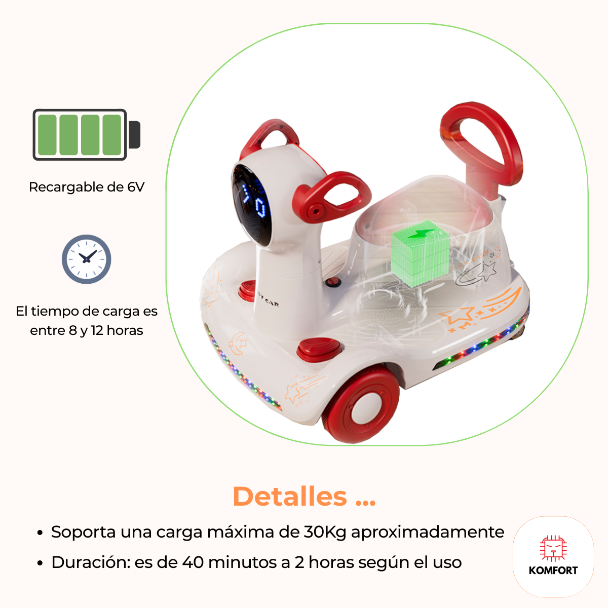 KO-Car Montable Infantil 2 en 1 Eléctrico con Luces LED y Sonido | KOMFORT