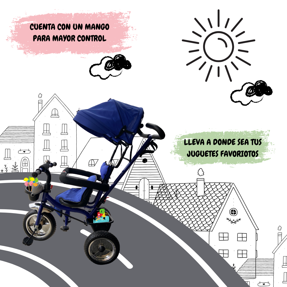 Triciclo Infantil Paseo 2 en 1 con Capota y Manija | KOMFORT