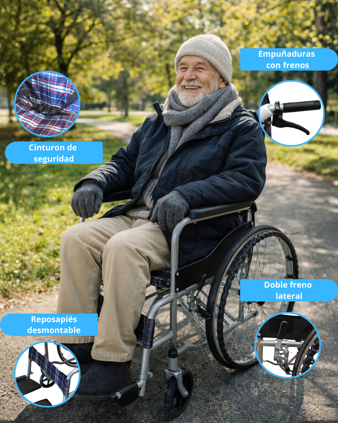 Silla de Ruedas Plegable con Empuñadura Ergonómica y Reposapiés Desmontables | KOMFORT