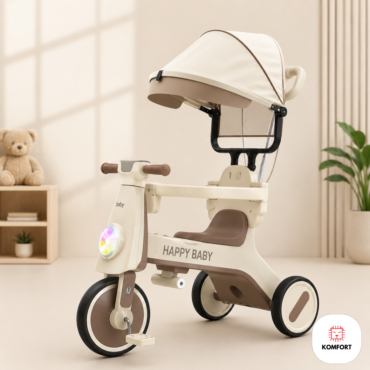 Triciclo Infantil con Parasol, Luces y Sonido Happy Baby | KOMFORT