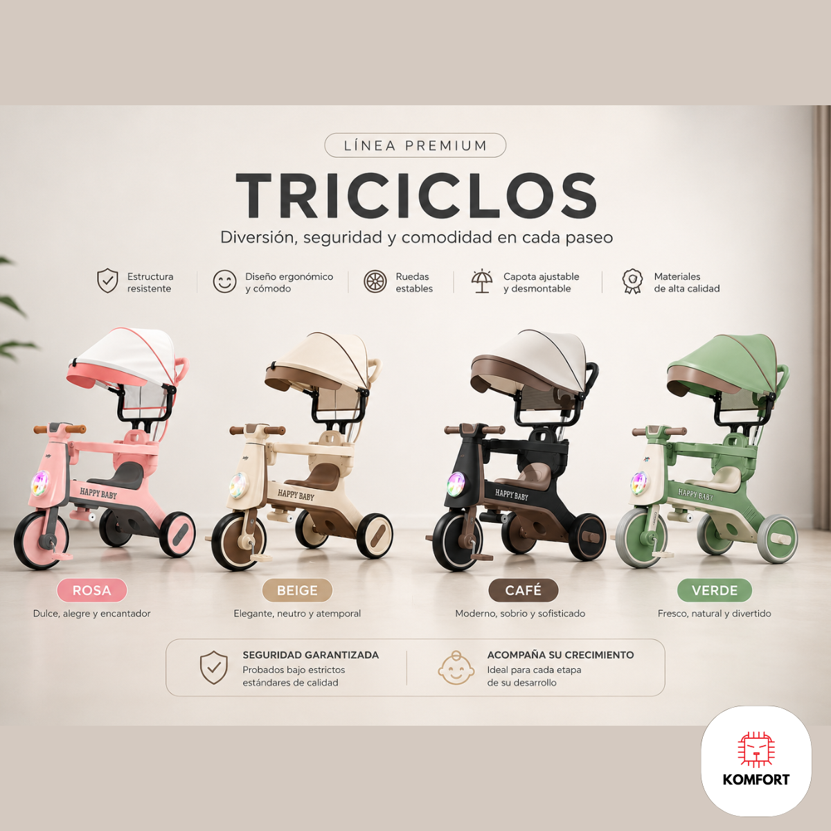 Triciclo Infantil con Parasol, Luces y Sonido Happy Baby | KOMFORT