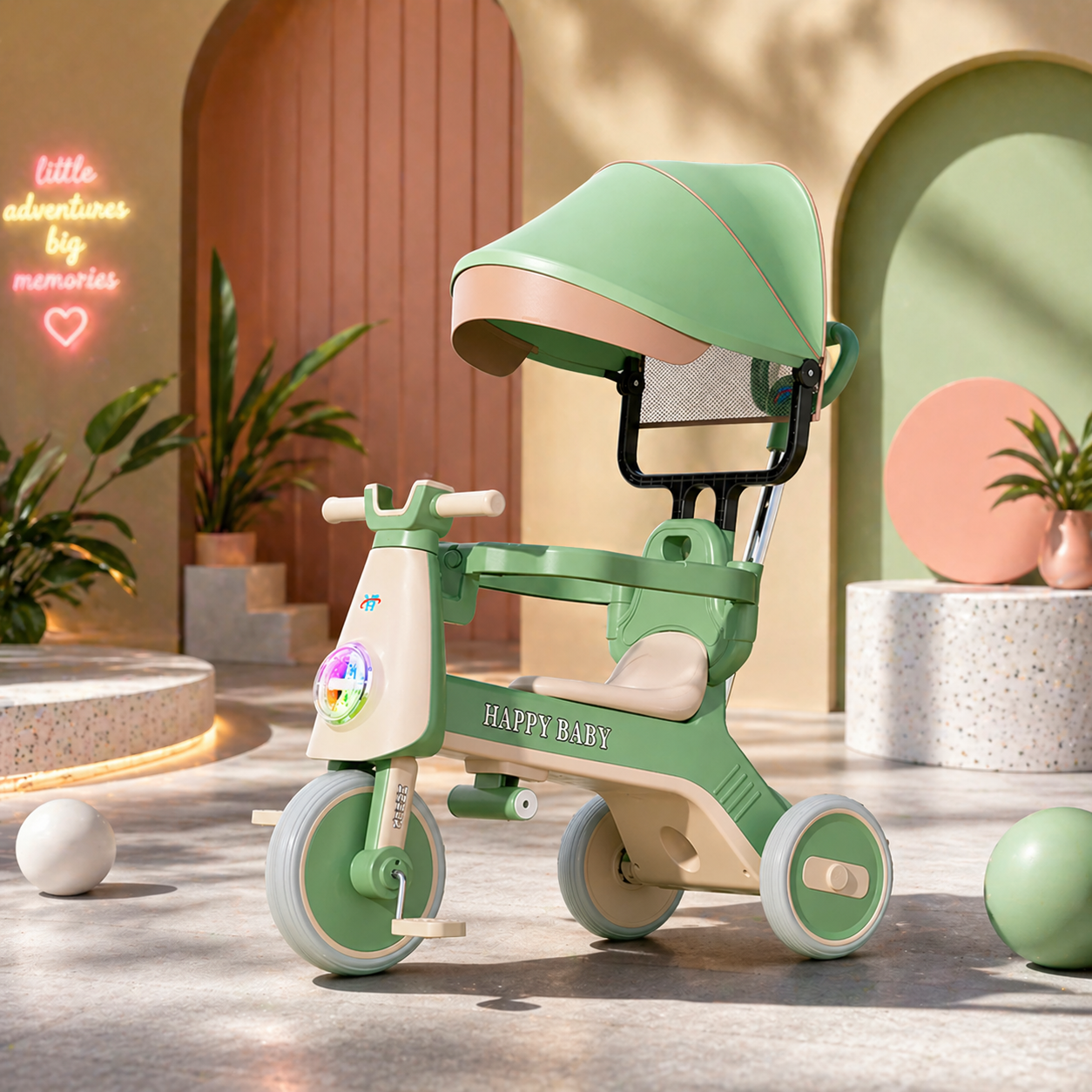 Triciclo Infantil con Parasol, Luces y Sonido Happy Baby | KOMFORT