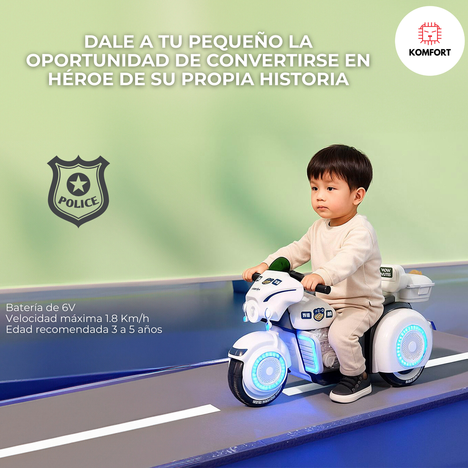 Moto Eléctrica Infantil Policía con Luces y Sonido | KOMFORT